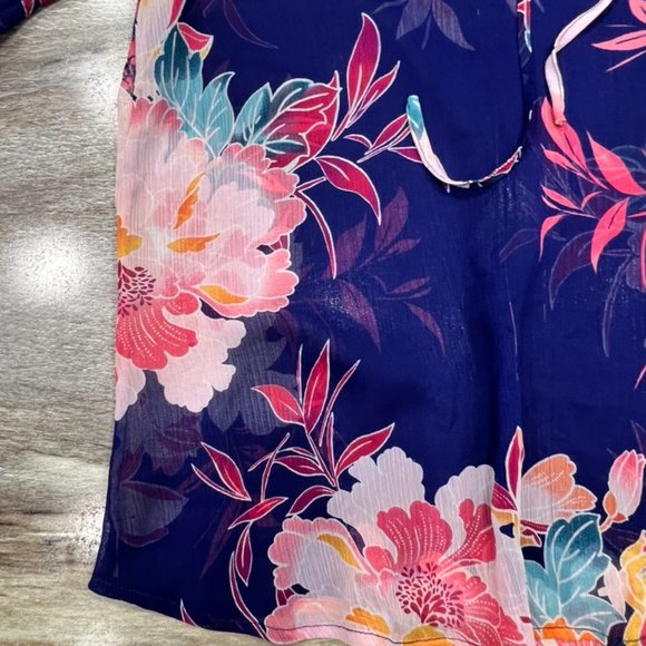 Express Women's Navy & Melon Floral Colorful Sheer Pullover Top S - Picture 4 of 6